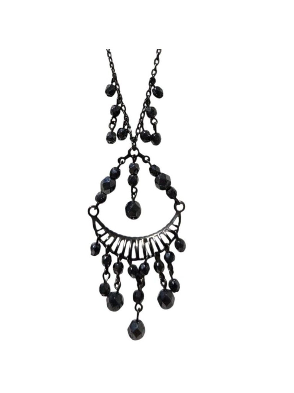 Vintage Gunmetal Necklace Black Beads Dangling Teardrop Design Fashion Jewelry